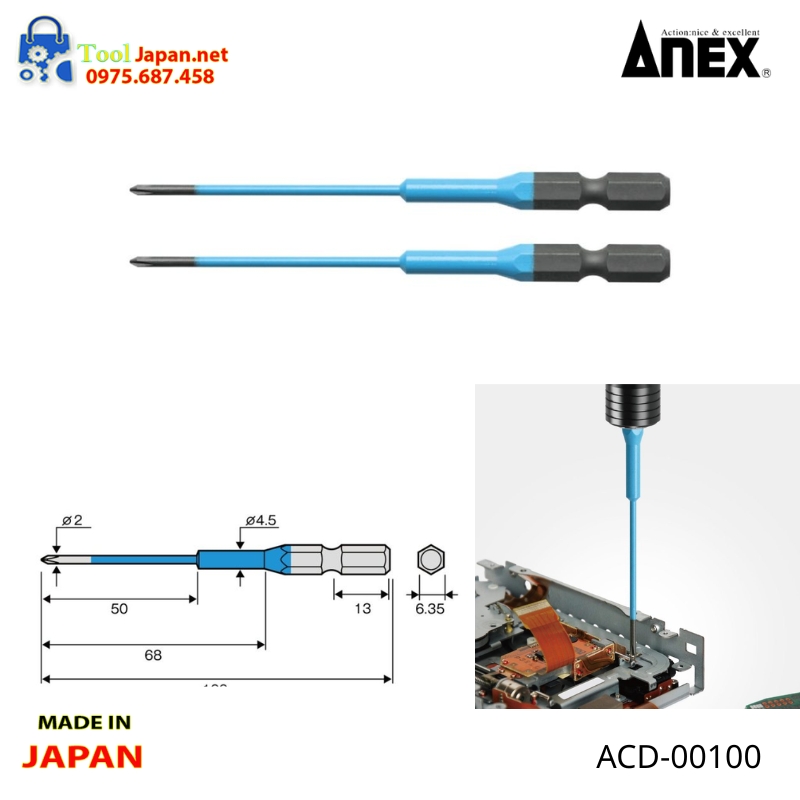Vỉ 2 Mũi Vít 4 Cạnh Anex Nhật Bản Acd 00100