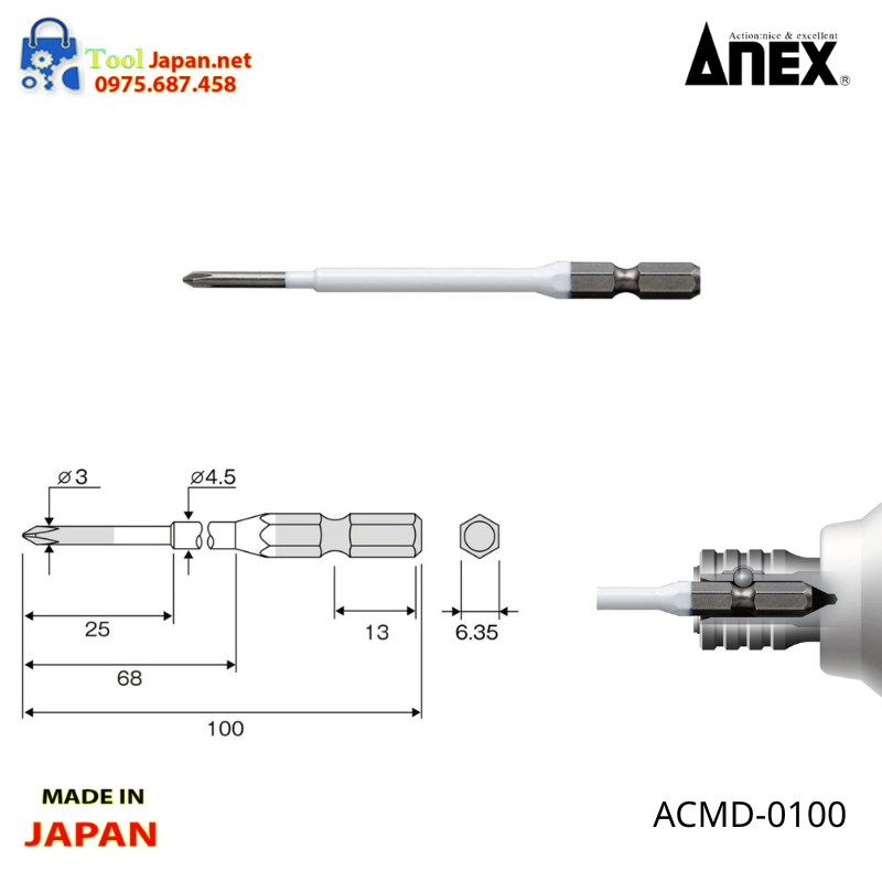 Vỉ 2 Mũi Vít 4 Cạnh Anex Nhật Bản Acmd 0100
