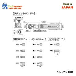 Chi Tiết Bộ Tay Vặn Vít Góc Hẹp đảo Chiều No.525 10b Anex Japan