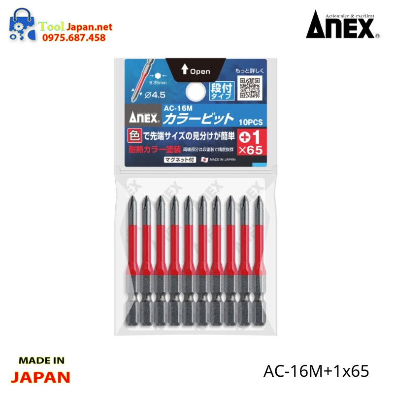 Vỉ 10 Mũi Vít 4 Cạnh Anex Ac 16m+1x65